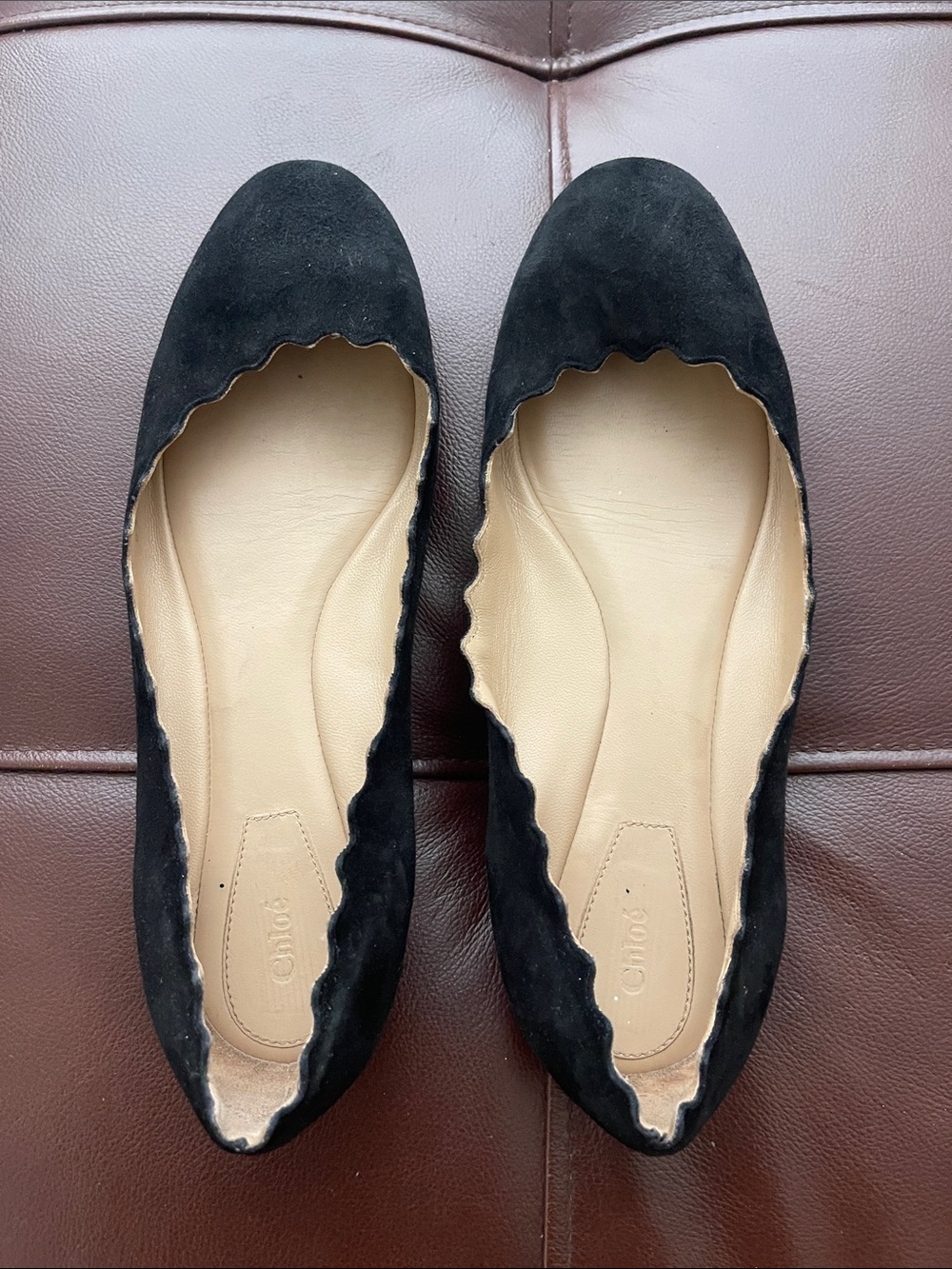Chloe Black Suede Scalloped Ballet Flats